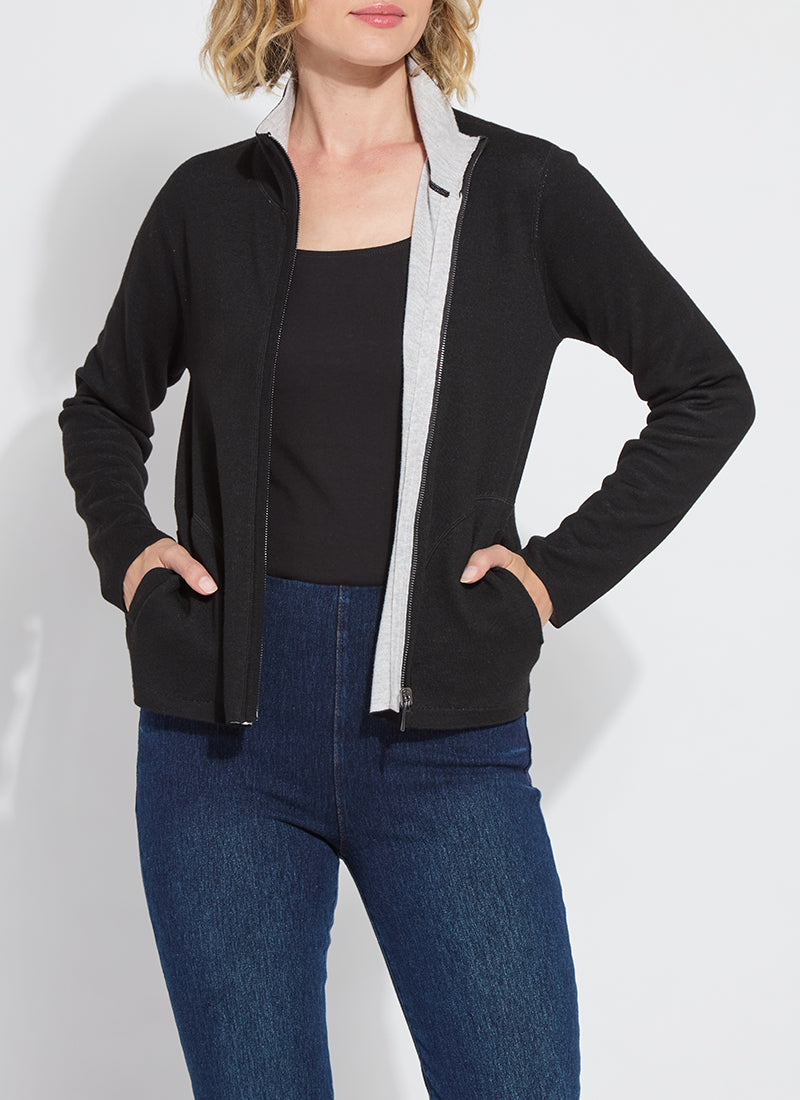 Reversible Cashmere Zip Up Cardigan Black + Pearl Grey Melange