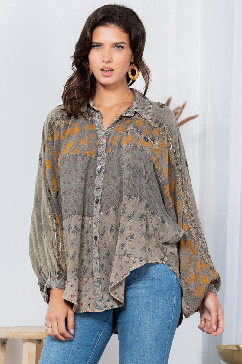 Bishop Sleeve Collared Patchwork Button Down Gravel