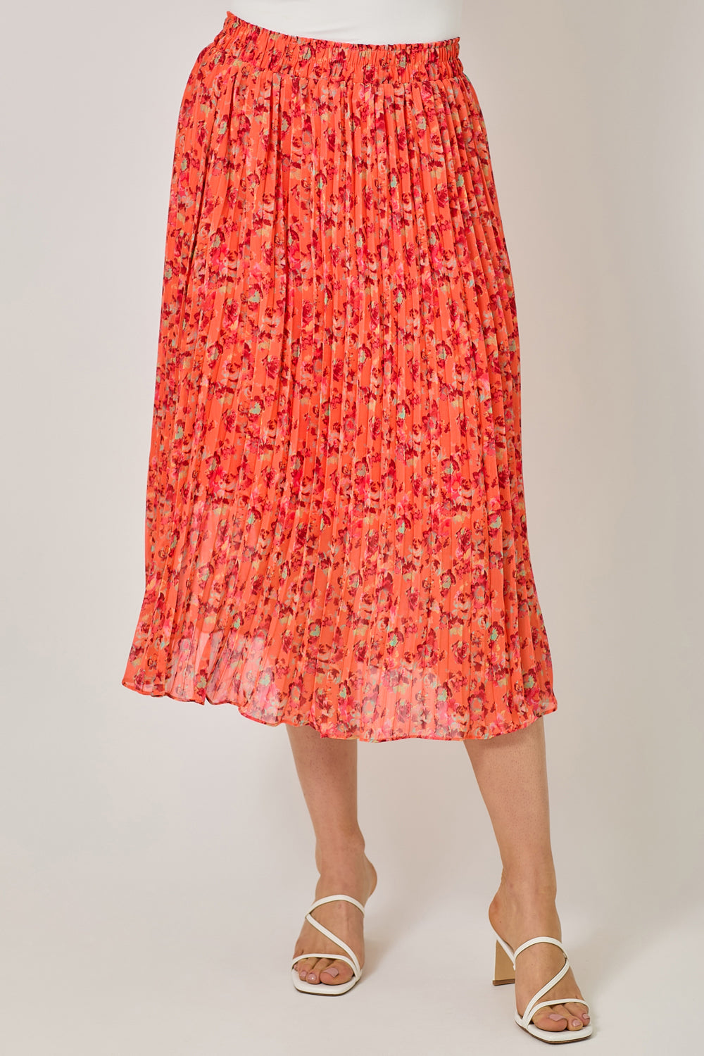 Pleated Floral Midi Skirt Tomato