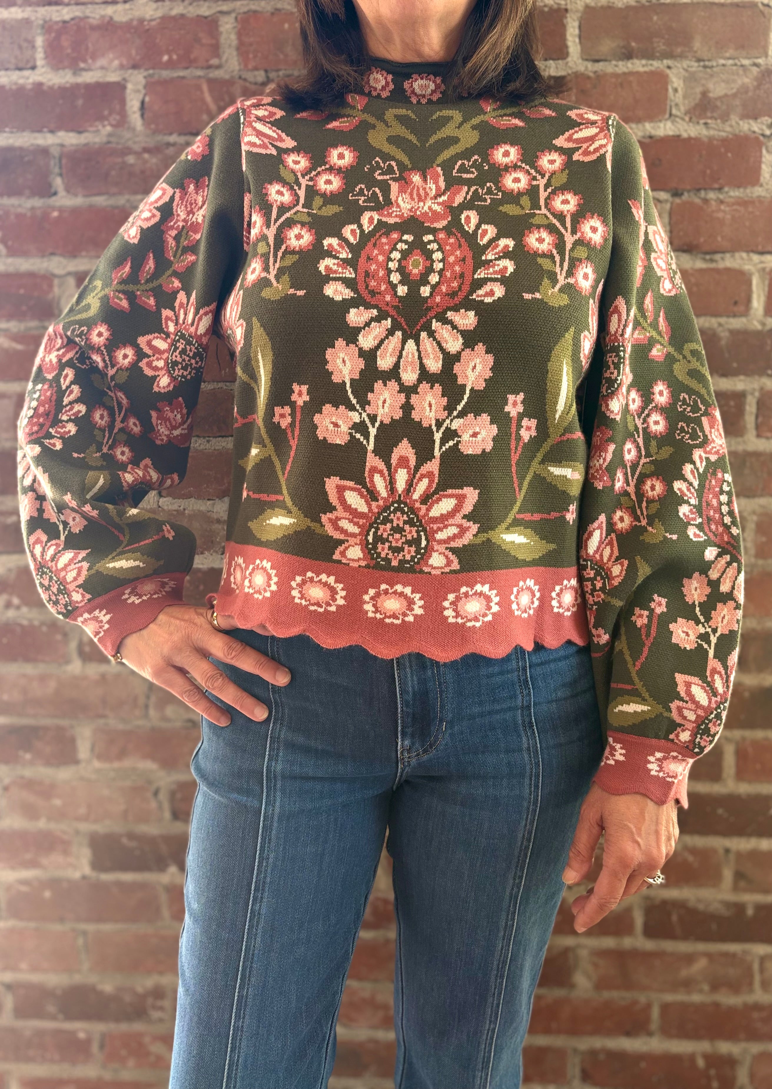 High Neck Scallop Hem Floral Sweater Olive