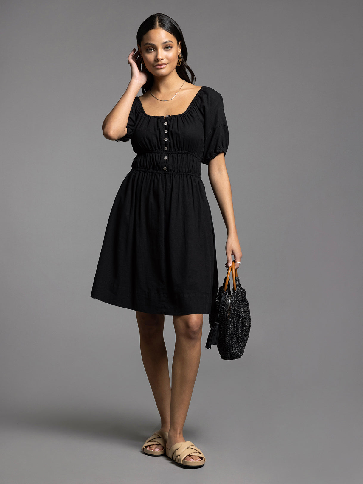 Bardot Gathered Waist Button Detail Dress Black