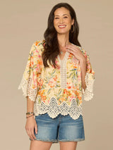 Peplum Crochet Scallop Hem Kimono Top Lemon Tangerine Multi