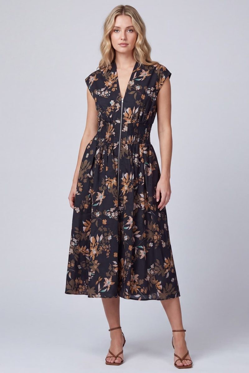 Drop Shoulder Smocked Waist Printed Midi Dress