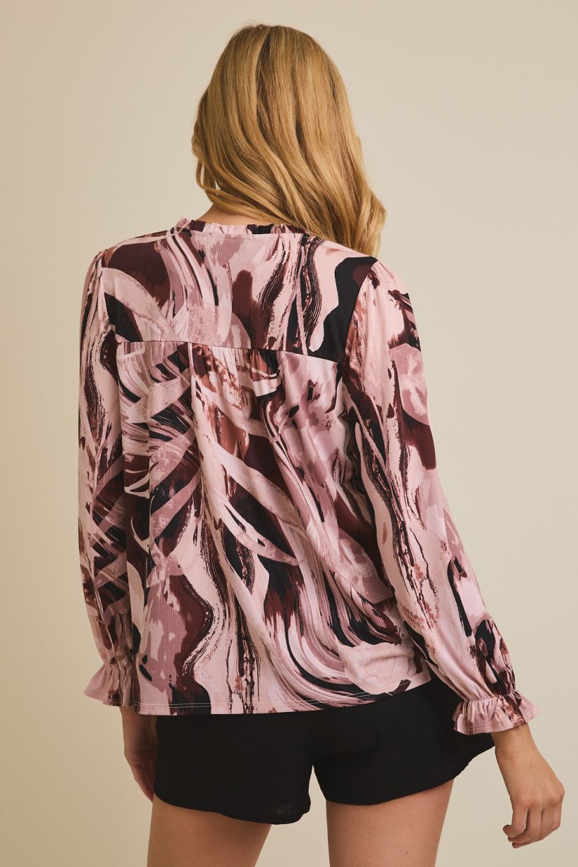 Smocked Tied Top Long Sleeve Abstract Top Brown Abstract