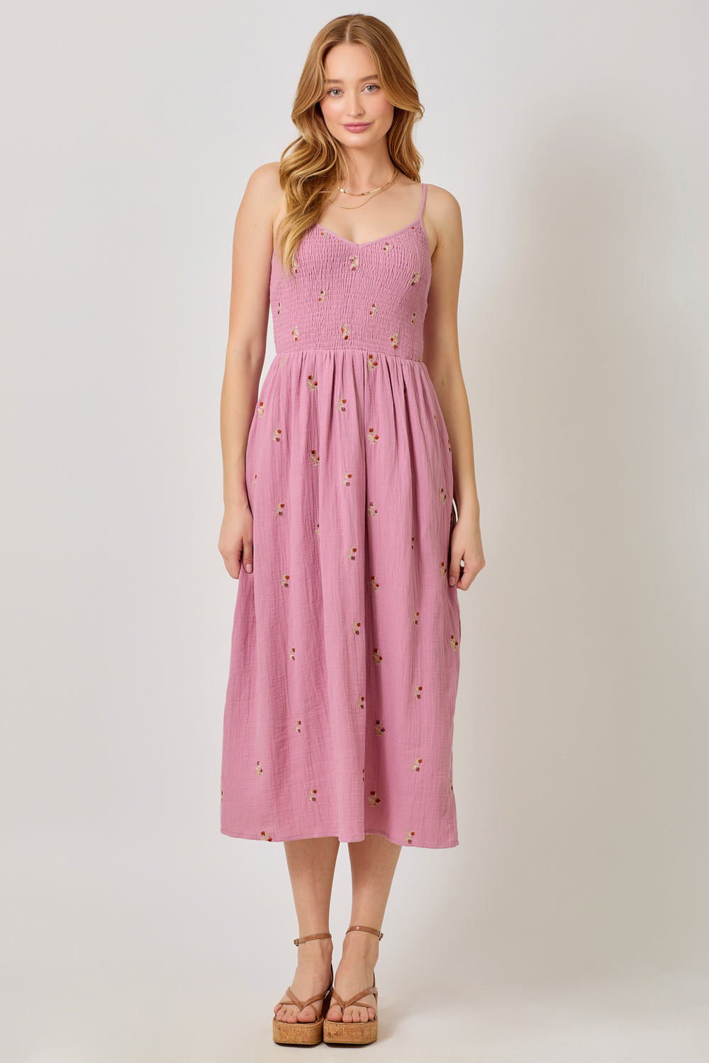 Embroidered Gauze Smocked Dress Rose