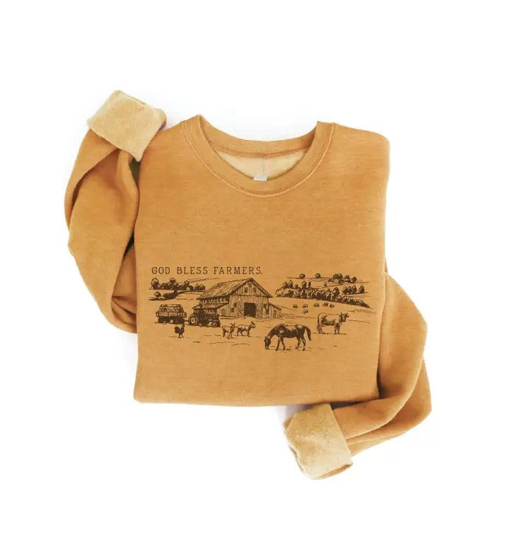 God Bless Farmers Graphic Sweatshirt Heather Mustard