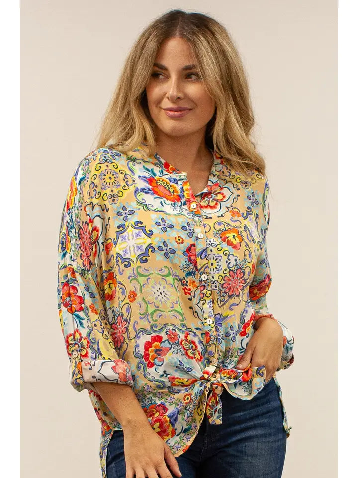 Monet Painted Floral Tile Button Down Blouse Multi