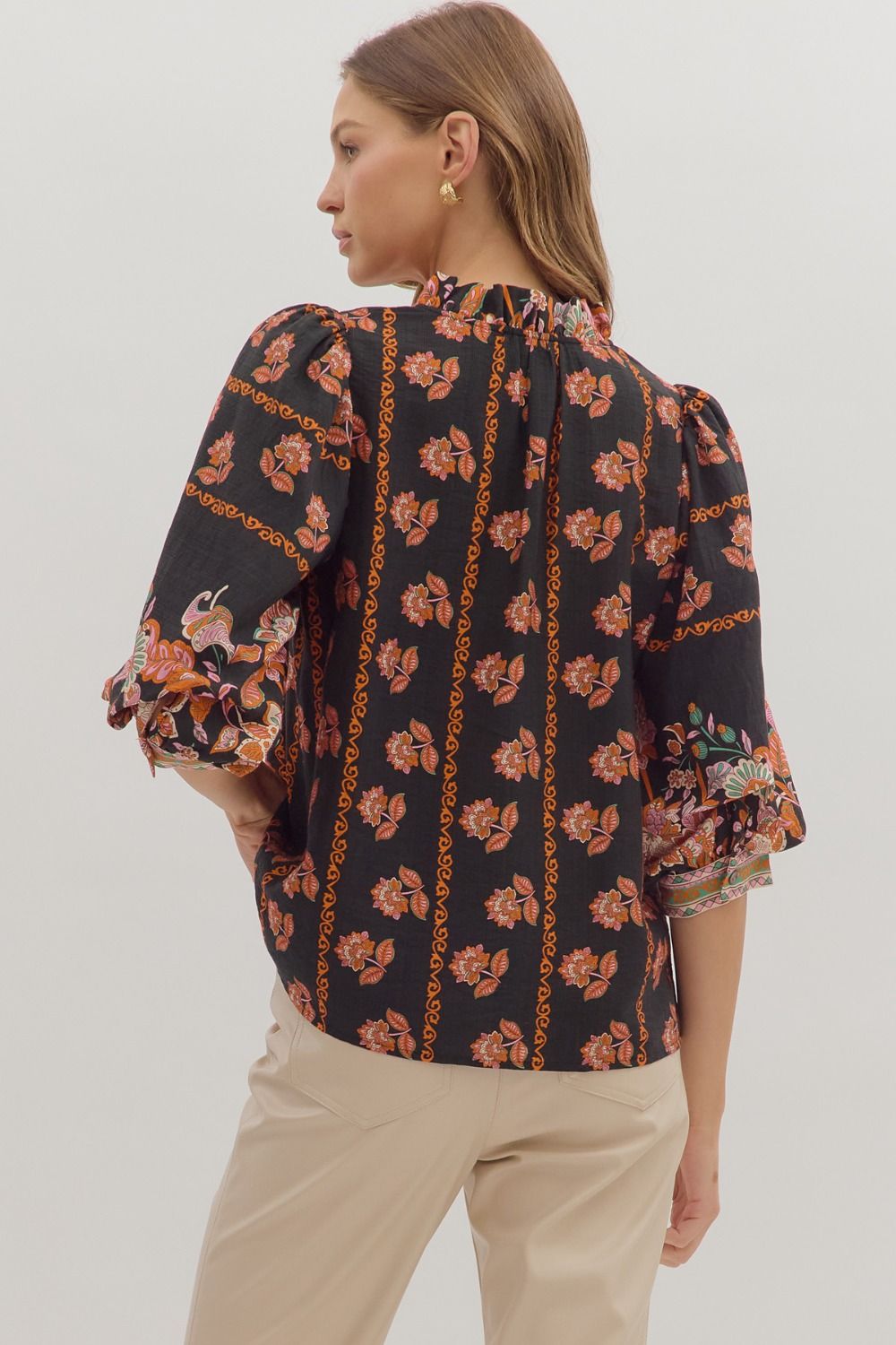 Botanical Print 3/4 Sleeve Ruffle Detail Top Black