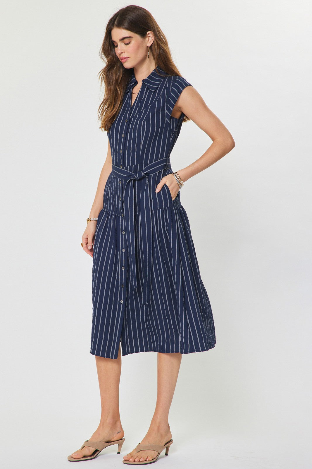 Belted Pinstripe Cap Sleeve Dress Navy