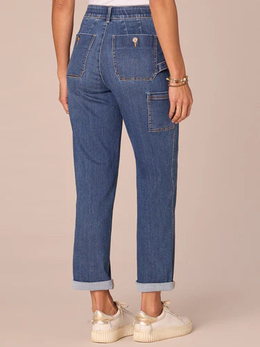 Buttoned Patch Pocket Roll Cuff High Rise Jeans Blue