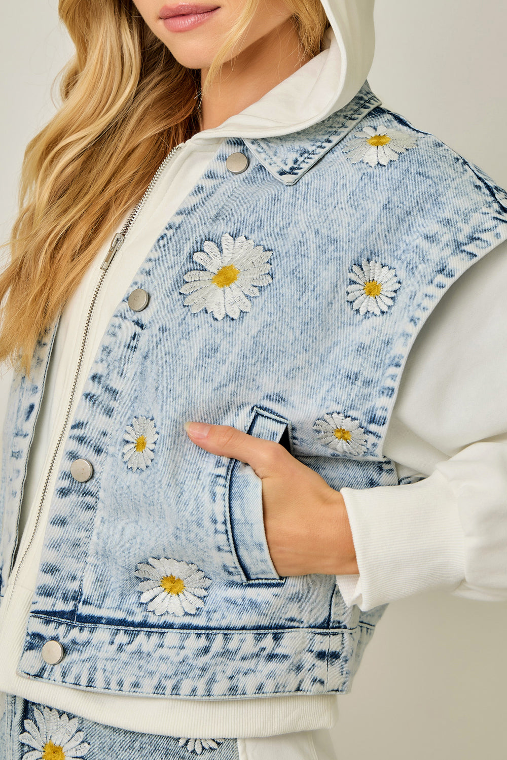 Embroidered Denim TwoFer Hoodie Jacket Washed Light Blue