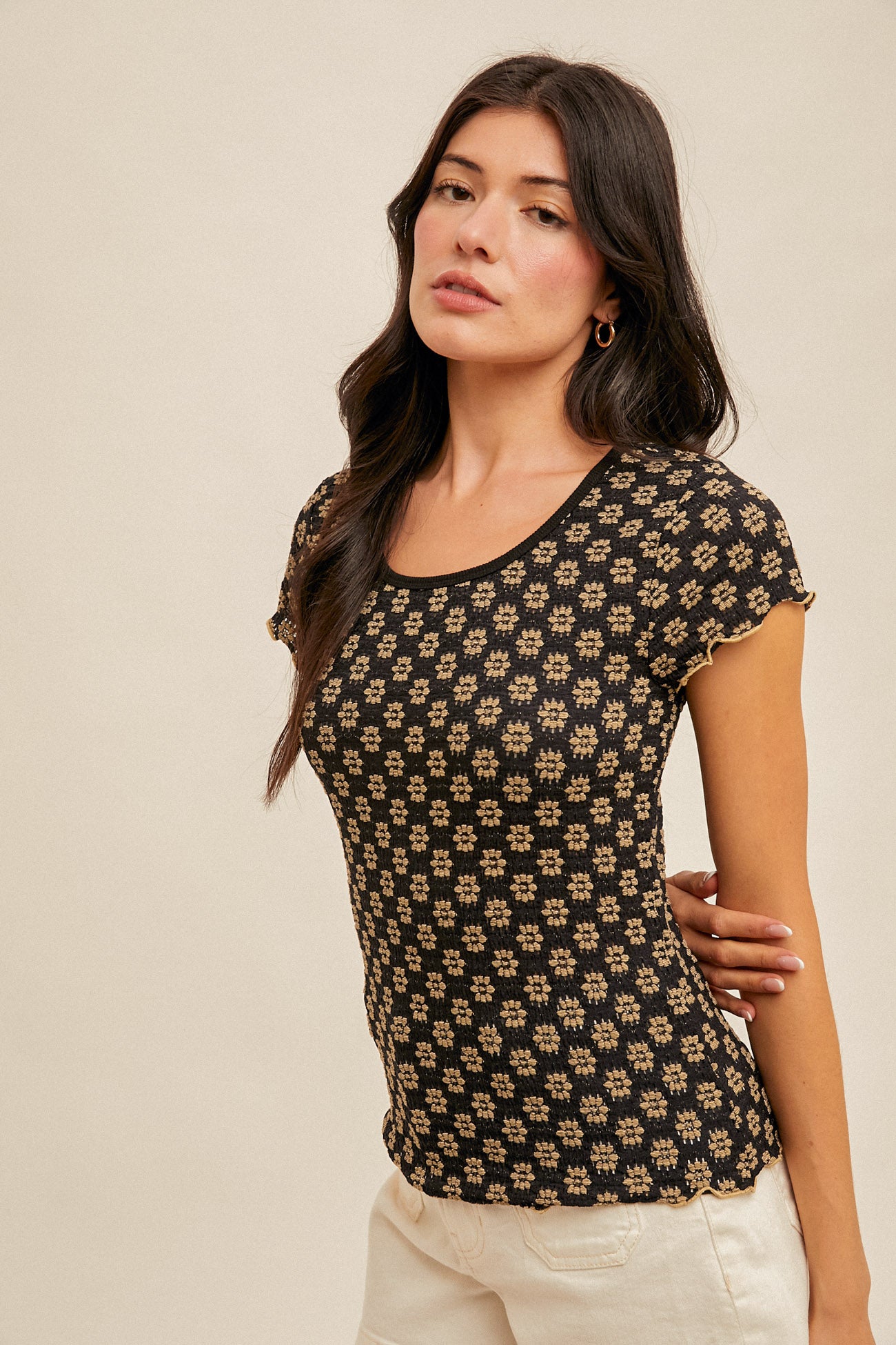 Floral Lace Cabbage Hem Tee Black