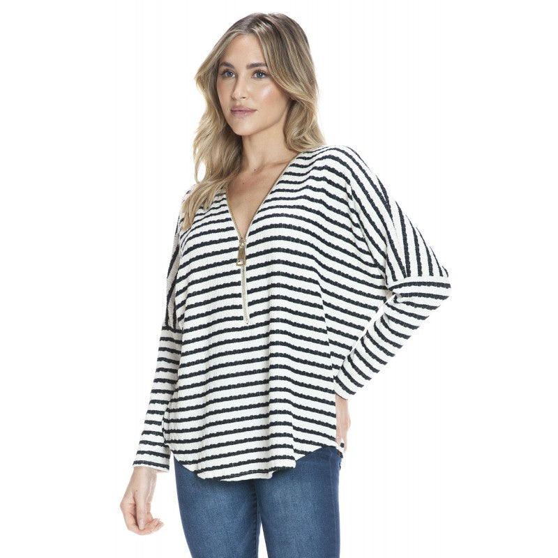 Dolman Zipper Top Ivory Black Textured Stripe