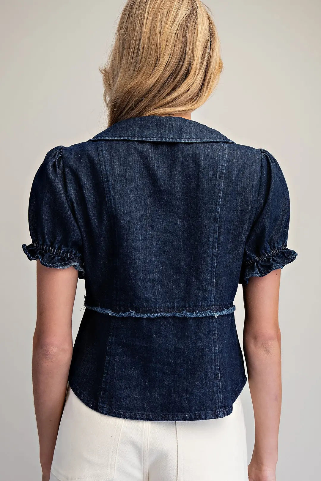 Ruffle Button Down Denim Blouse Denim
