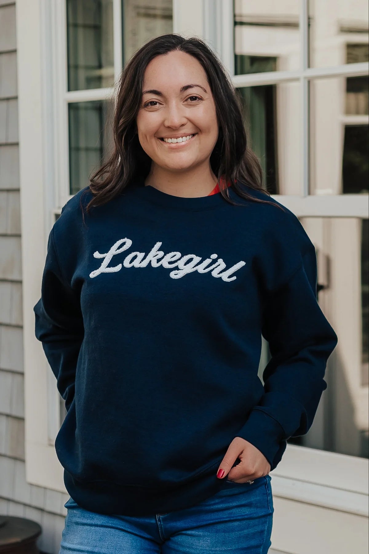 Classic Fleece Lakegirl Script Crew Sweatshirt Navy