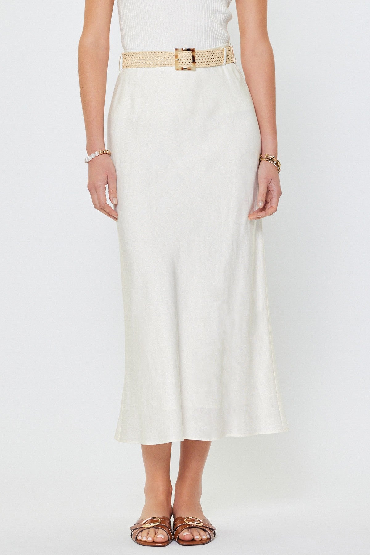 Raffia Belt Linen Blend Maxi Skirt White