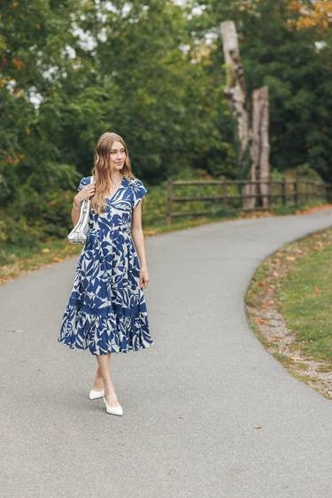 Lace Inset Floral Short Sleeve Dress Navy