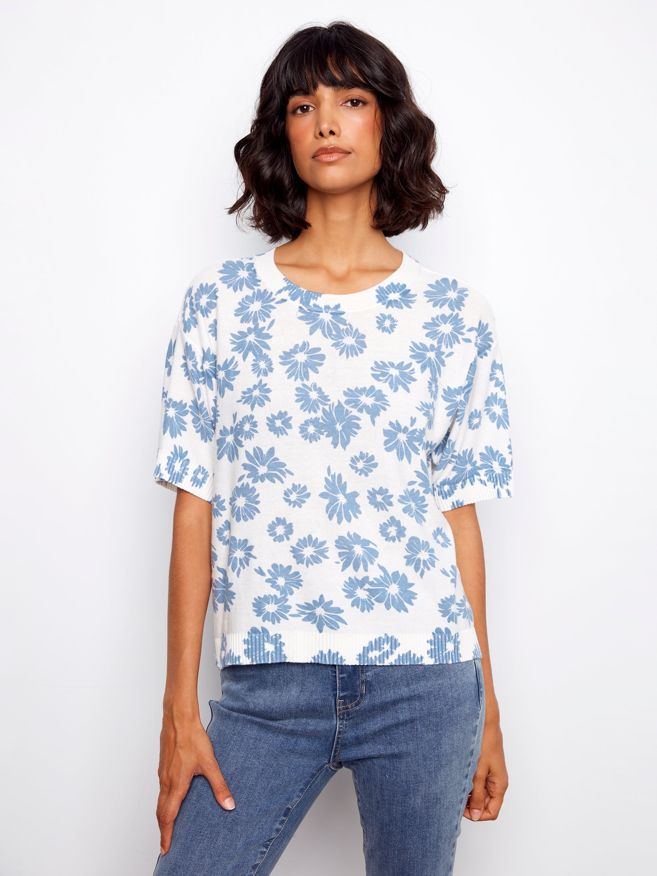 Reverse Print Short Sleeve Sweater Top Petals