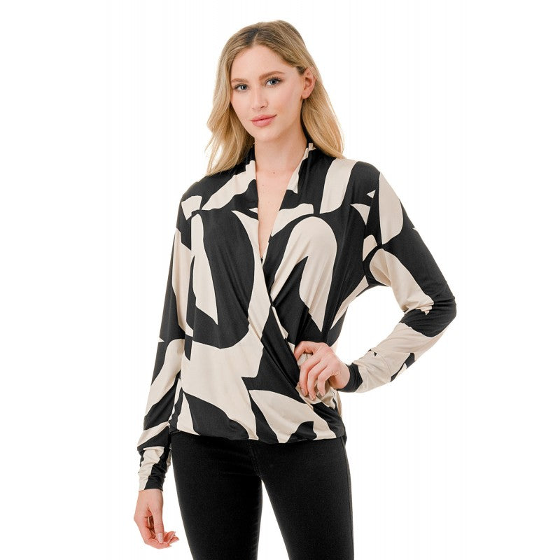 Surplice Printed Long Sleeve Blouse Black + White Mod Swirl