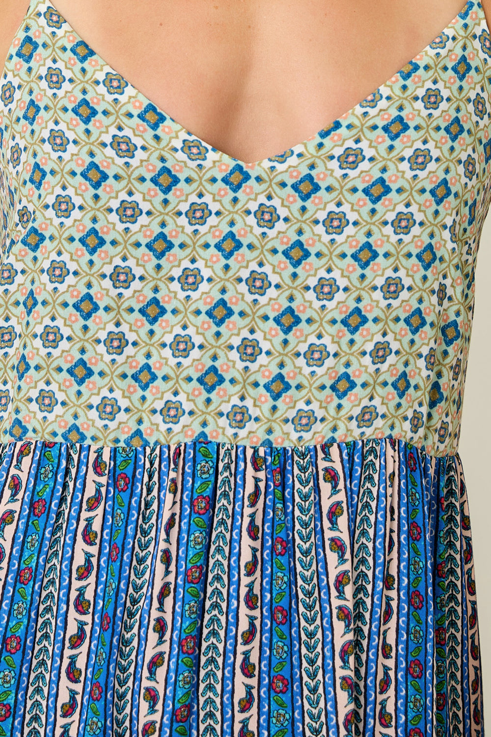 Color Blocked Boho Challis Tiered Sundress Sage + Blue