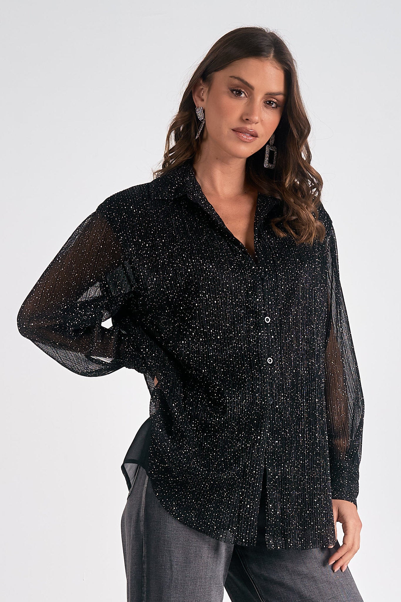 Textured Stripe Glitter Button Down Shirt Black Specs