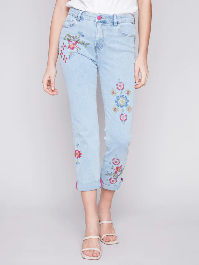 Five Pocket Embroidered Jeans Bleach Blue