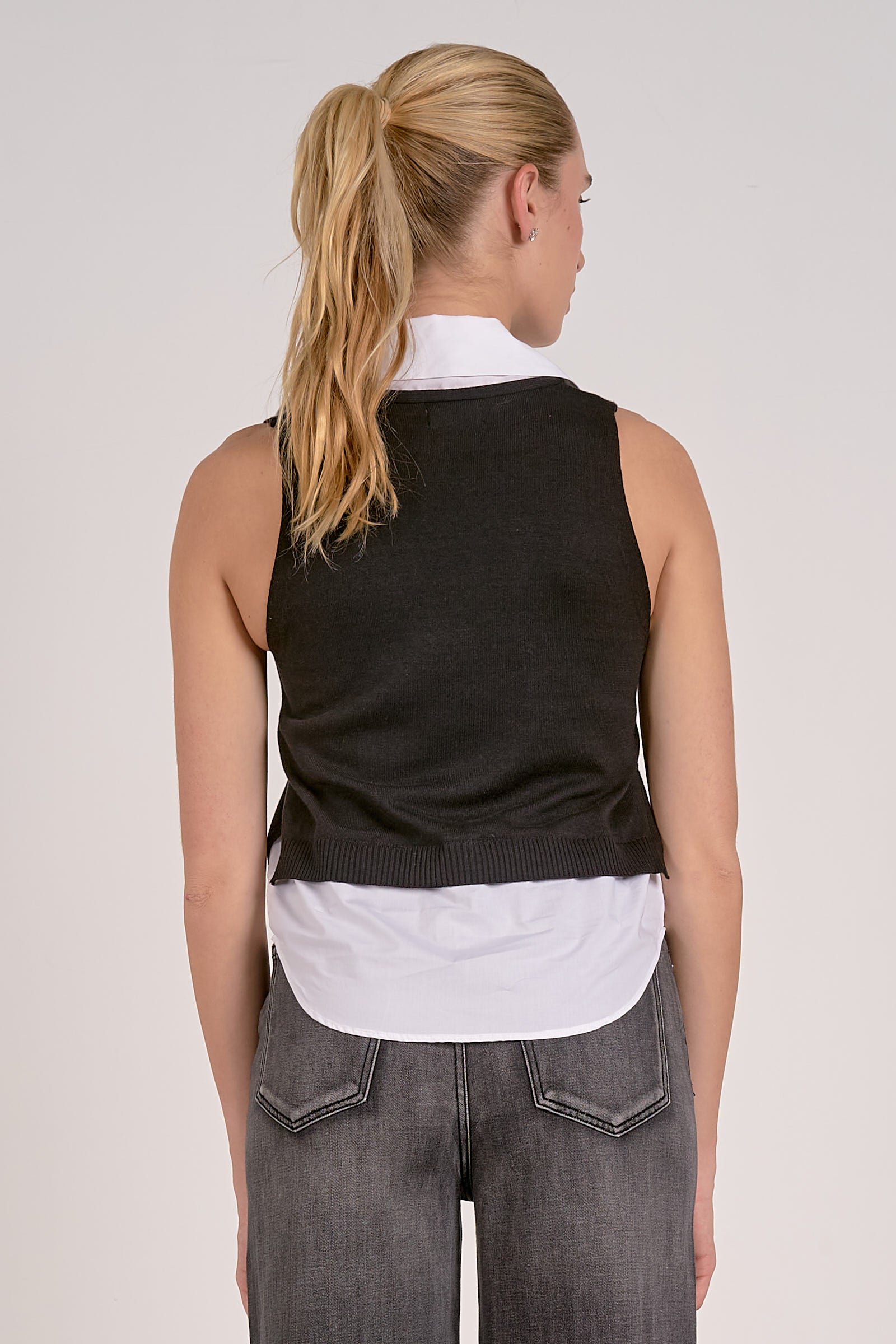 Layered Sleeveless Collared Sweater Top Black