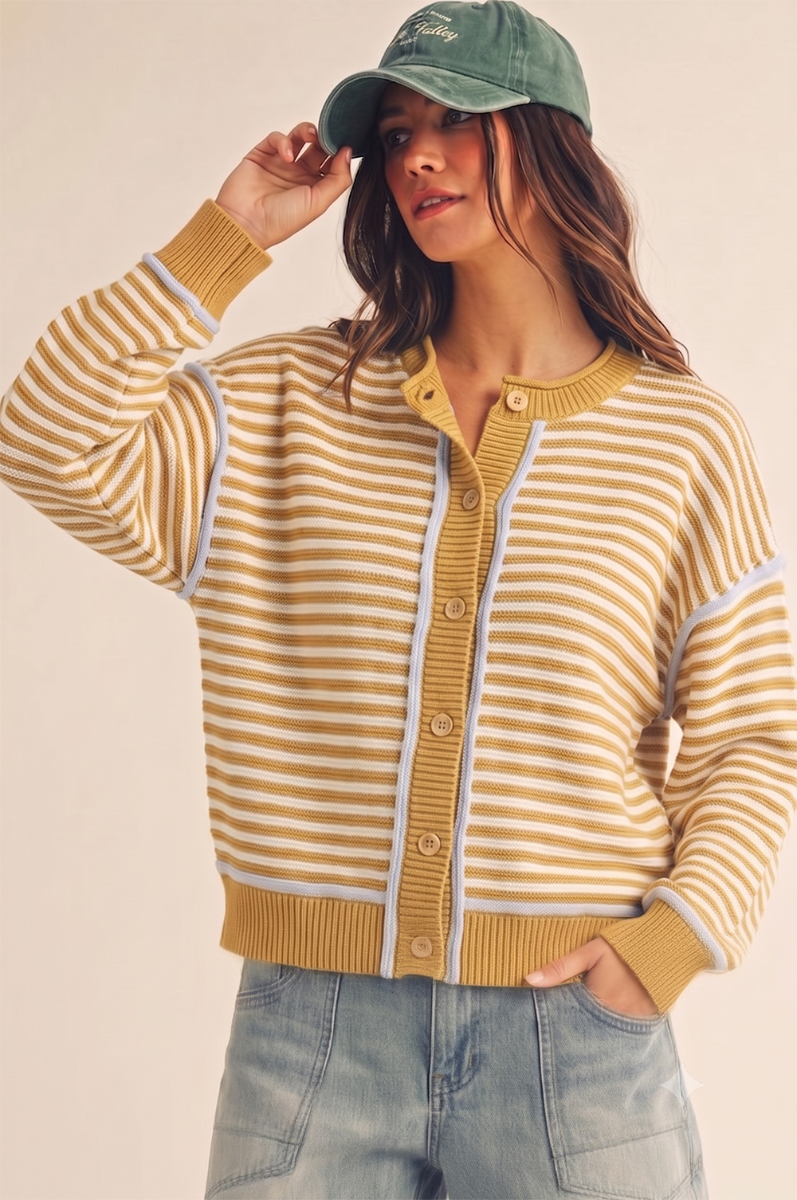 Stripe Contrast Trim Cardigan Mustard