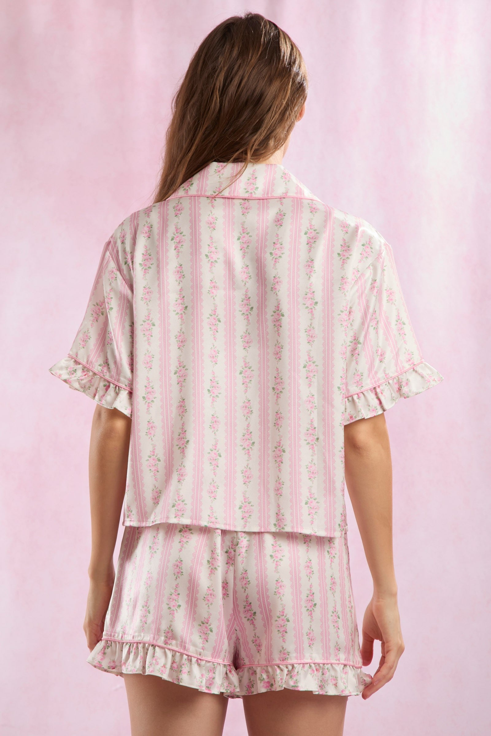 Stripe Floral Satin PJ Set Pink + White