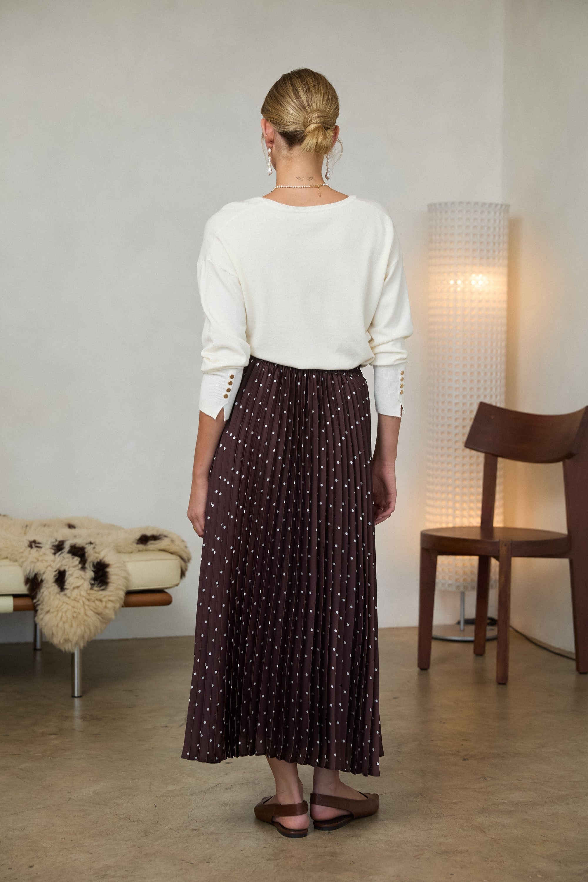 Pleated Polka Dot Maxi Skirt Brown + Ivory