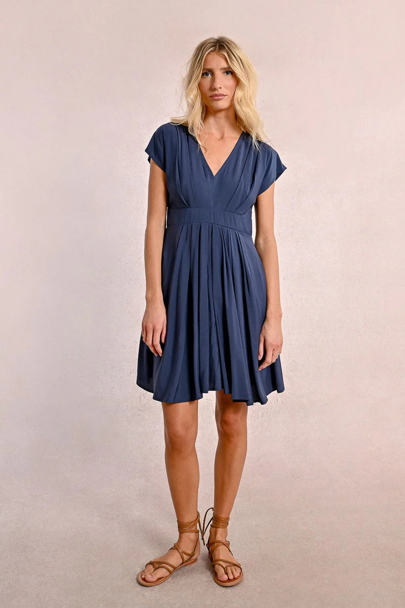 Pleat Detail Cap Sleeve Vneck Midi Dress Navy Blue