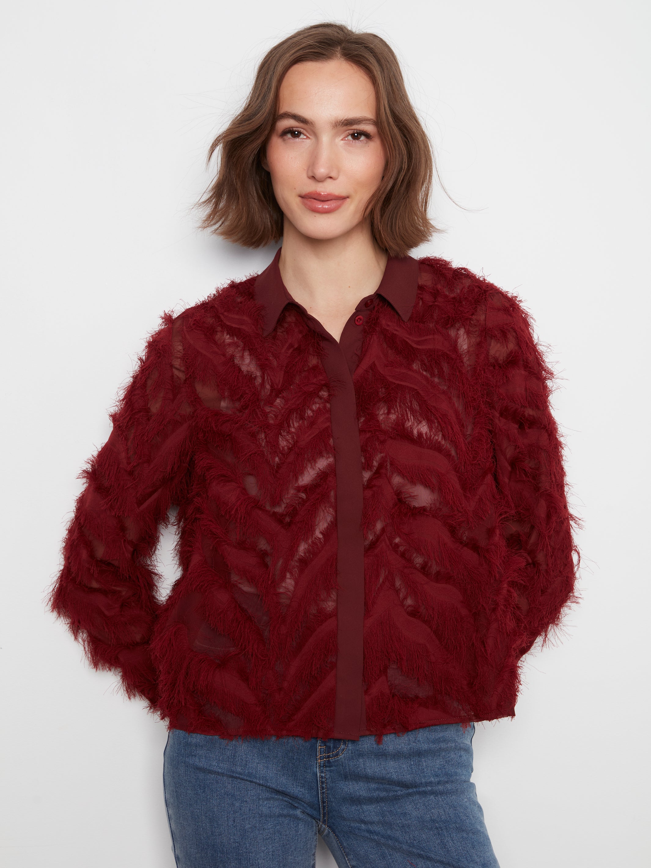 Fringe Chiffon Button Front Blouse Merlot