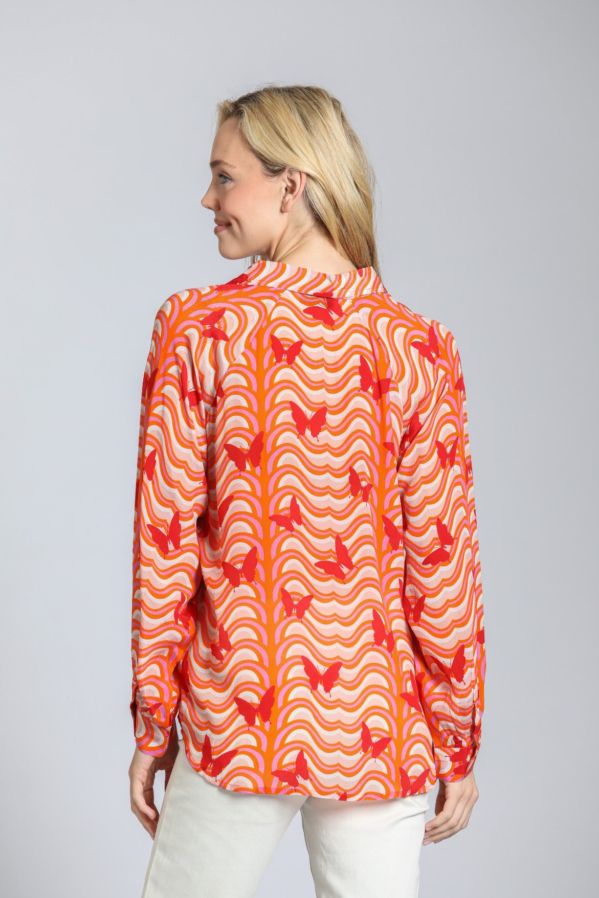 Collared Vneck Printed Blouse Bright Orange Butterflies
