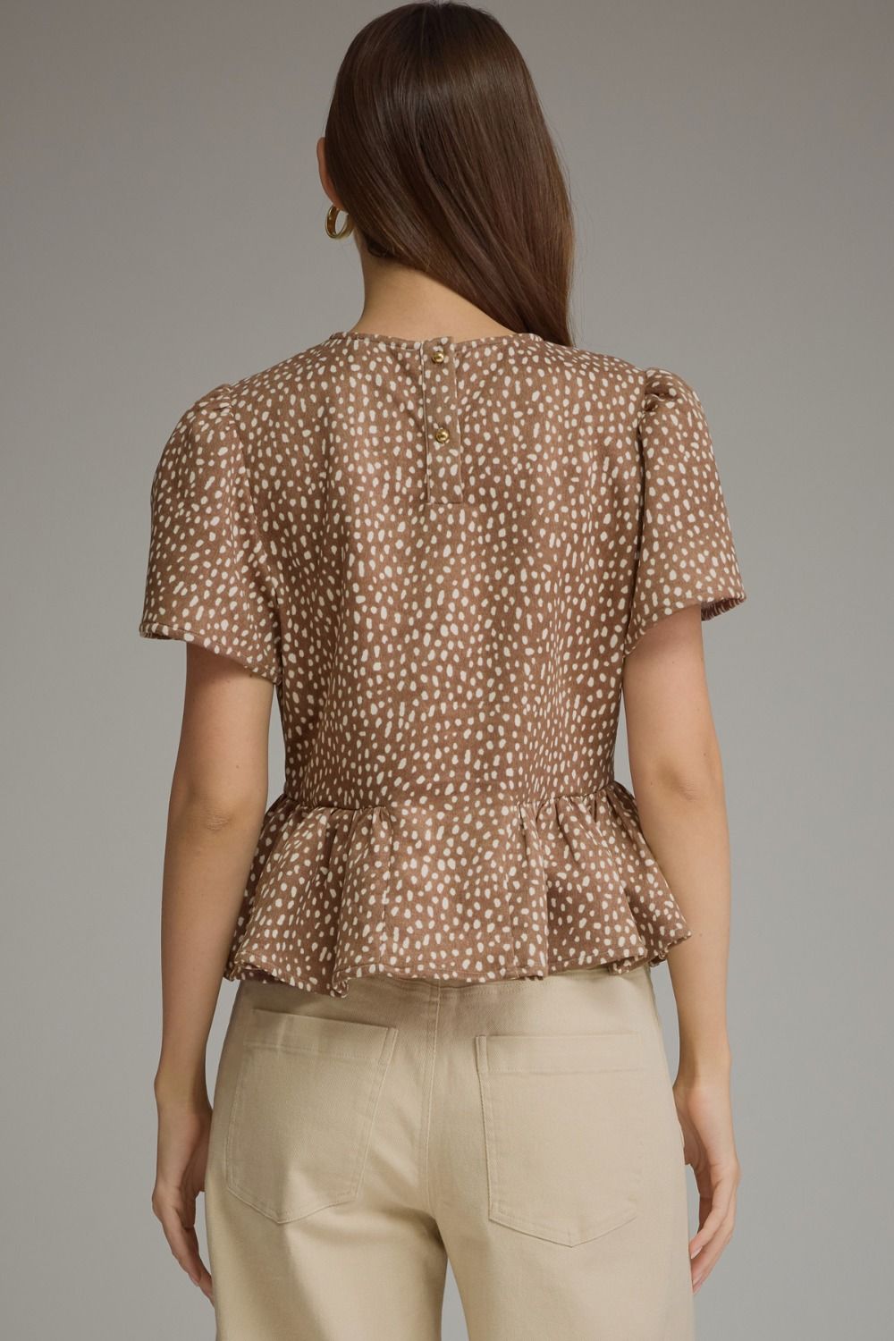 Ruffle Hem Fawn Print Short Sleeve Top Brown Ecru