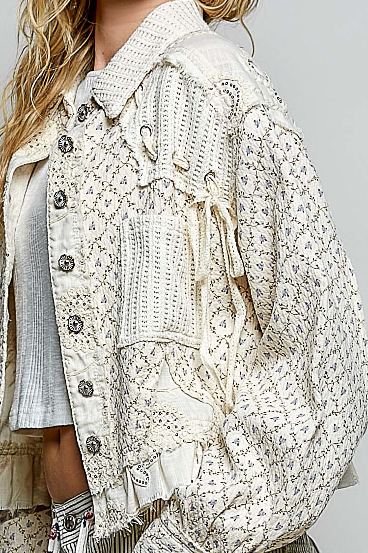 Printed Twill Sweater Contrast Ruffle Jacket Natural