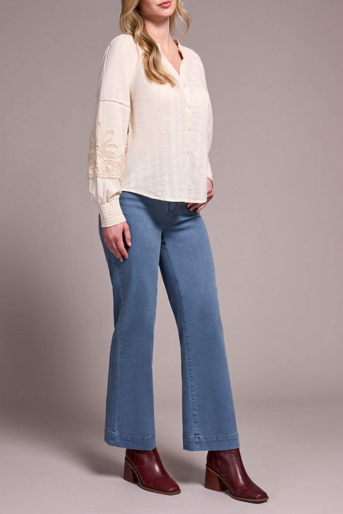 Button Detail Applique Bishop Sleeve Blouse Moonstone