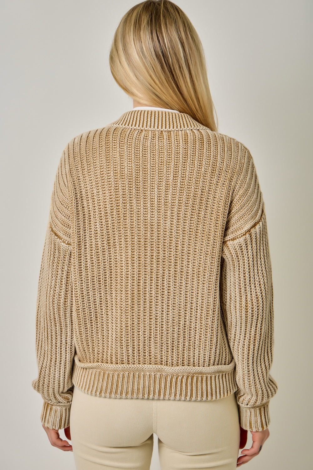 Washed Ribbed Zip Up Sweater Washed Latte