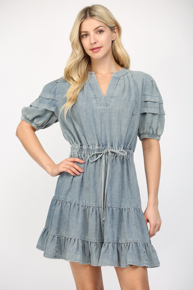 Stitched Neck Band Tuck Detailed Mini Dress Light Denim