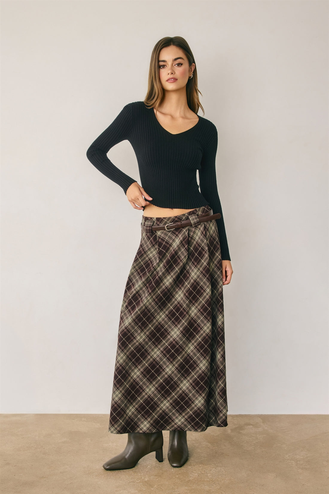 Belted Plaid Maxi Skirt Espresso