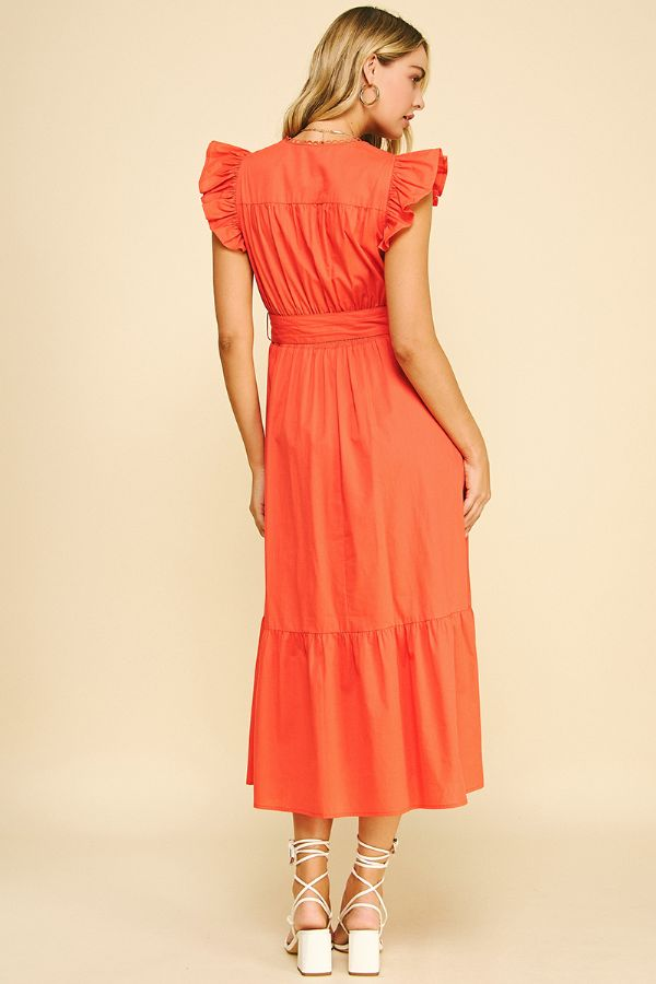 Crochet Loop Detail Ruffle Sleeve Belted Dress Sun Orange
