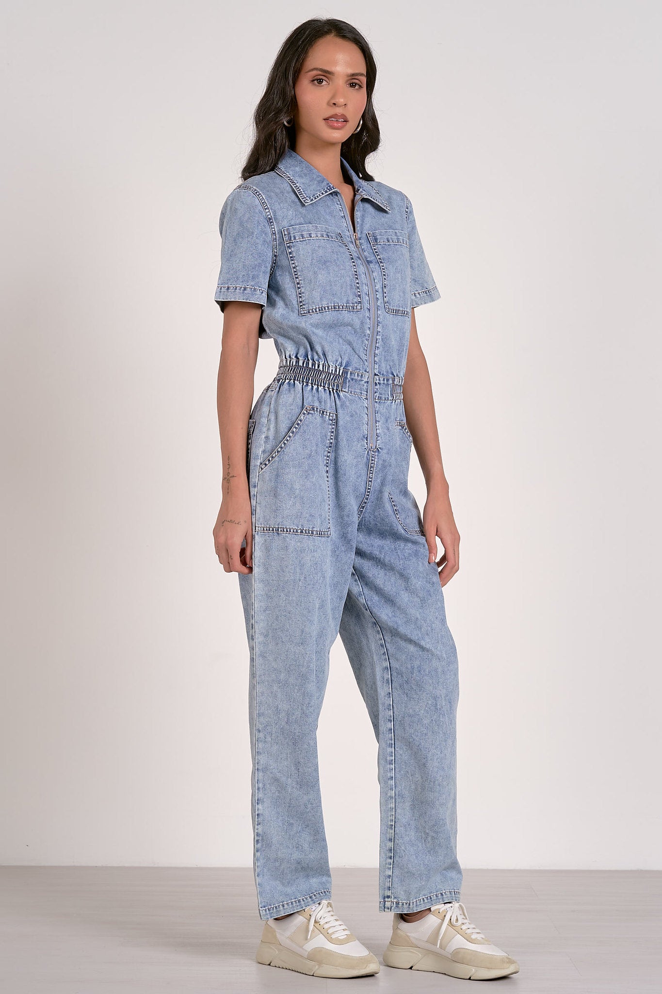 Short Sleeve Scrunched Waist Jumpsuit Light Blue