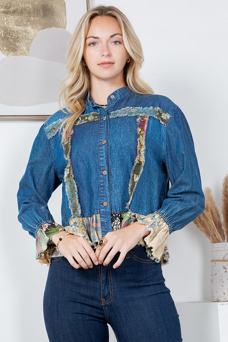 Western Boho Patch Pocket Crop Denim Jacket Denim