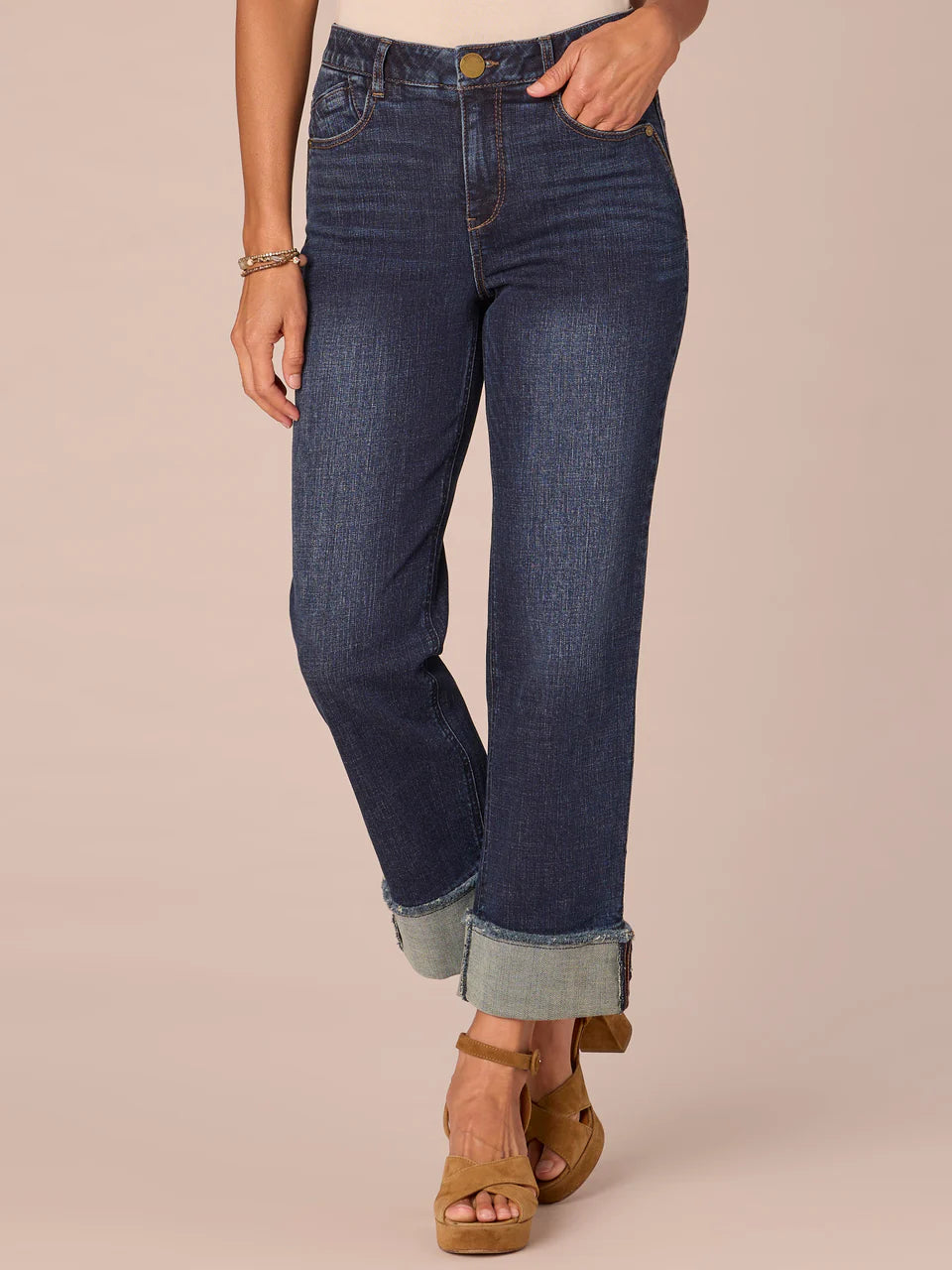 High Rise Boyfriend Split Fray Cuff Jeans Indigo