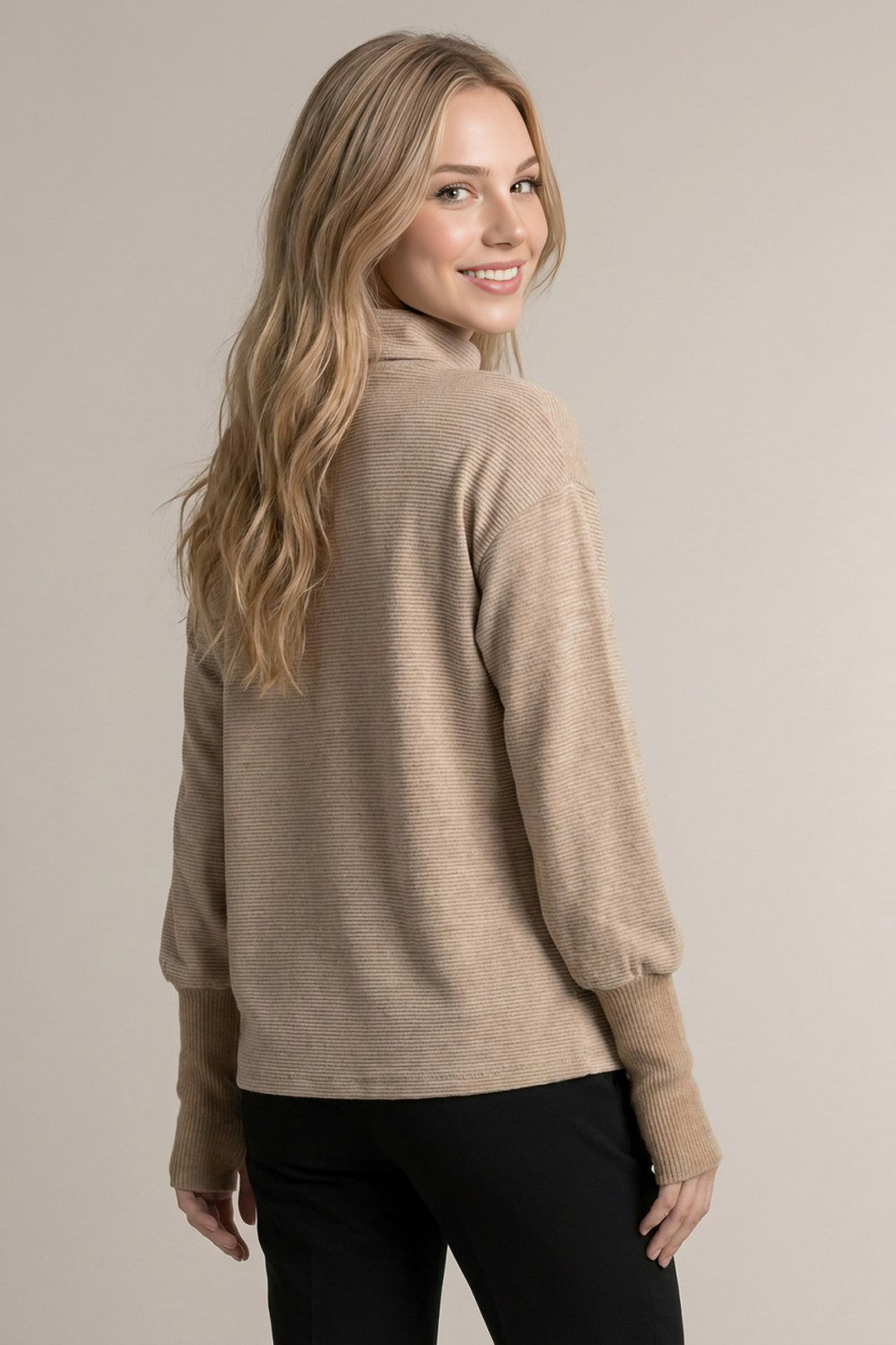 Pinstripe Cowl Mock Neck Long Sleeve Top Mocha
