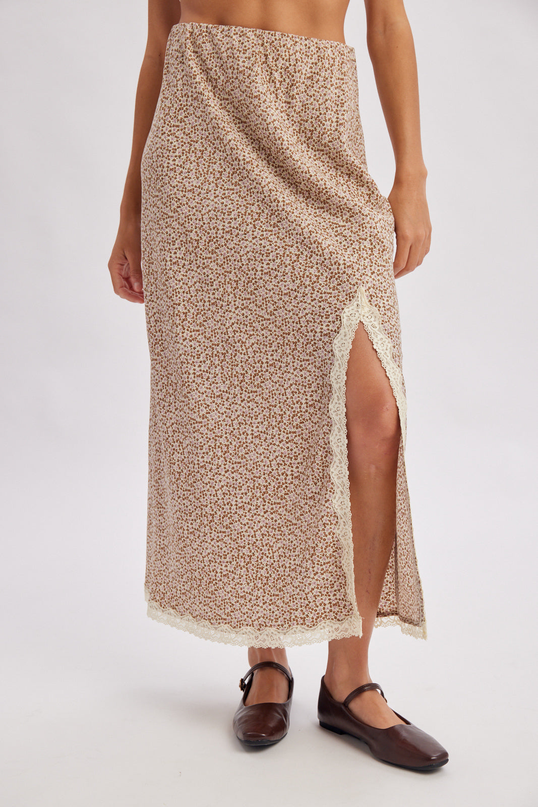 Lace Trim Ditsy Floral Midi Skirt Mint + Pink