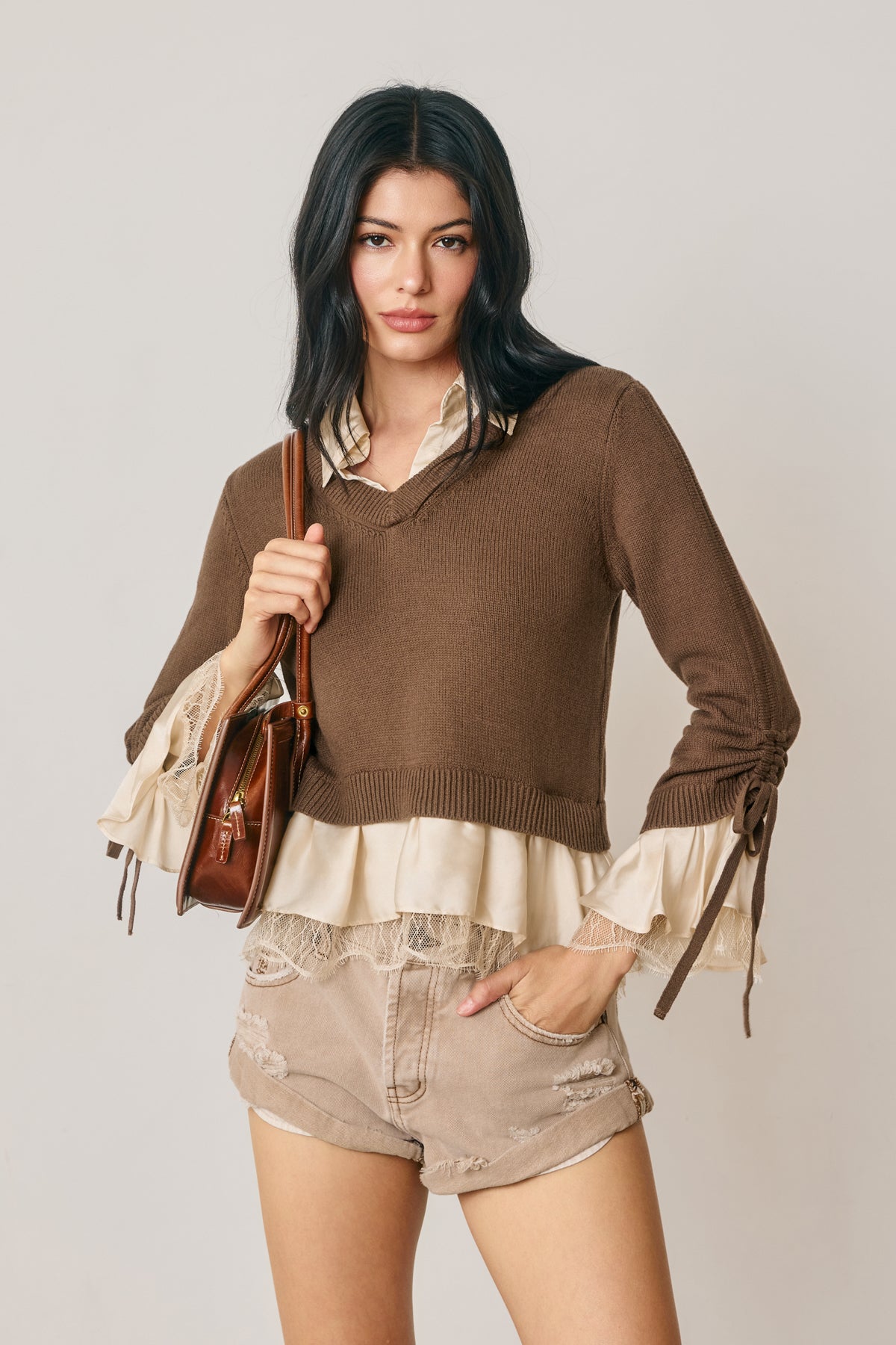 Satin Lace Shirt Tie Sleeve Sweater Brown + Champagne