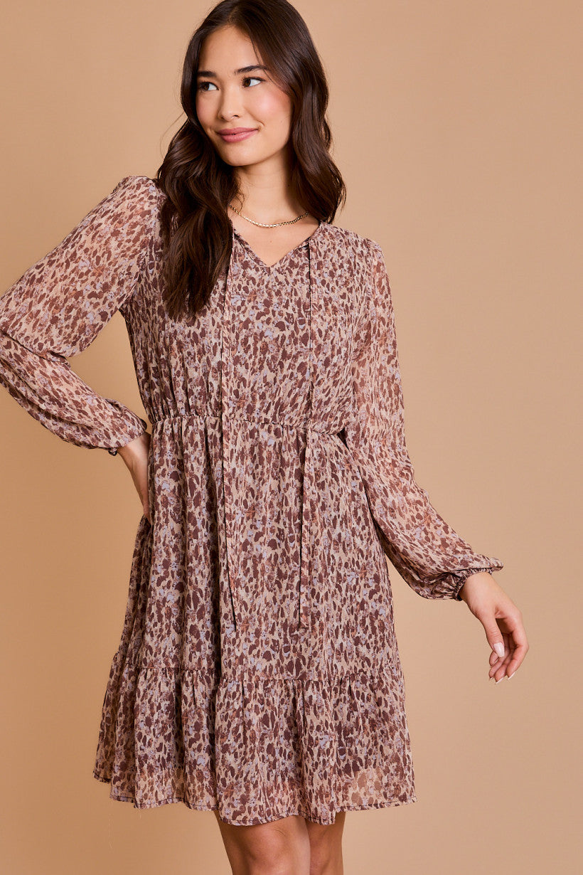 Printed Tie Neck Long Sleeve Dress Mocha