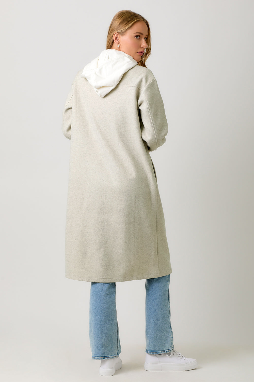 Two Fer Hoodie Solid Long Buttoned Coat Oatmeal