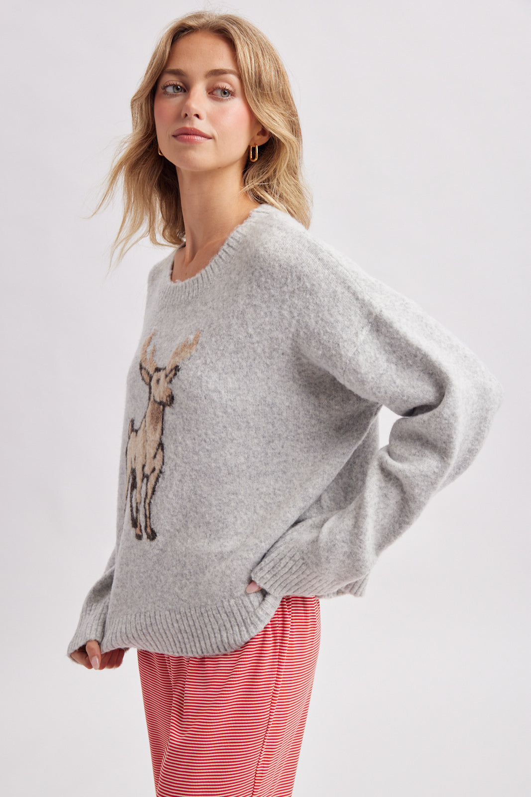 Deer Graphic Knit Sweater Heather Grey