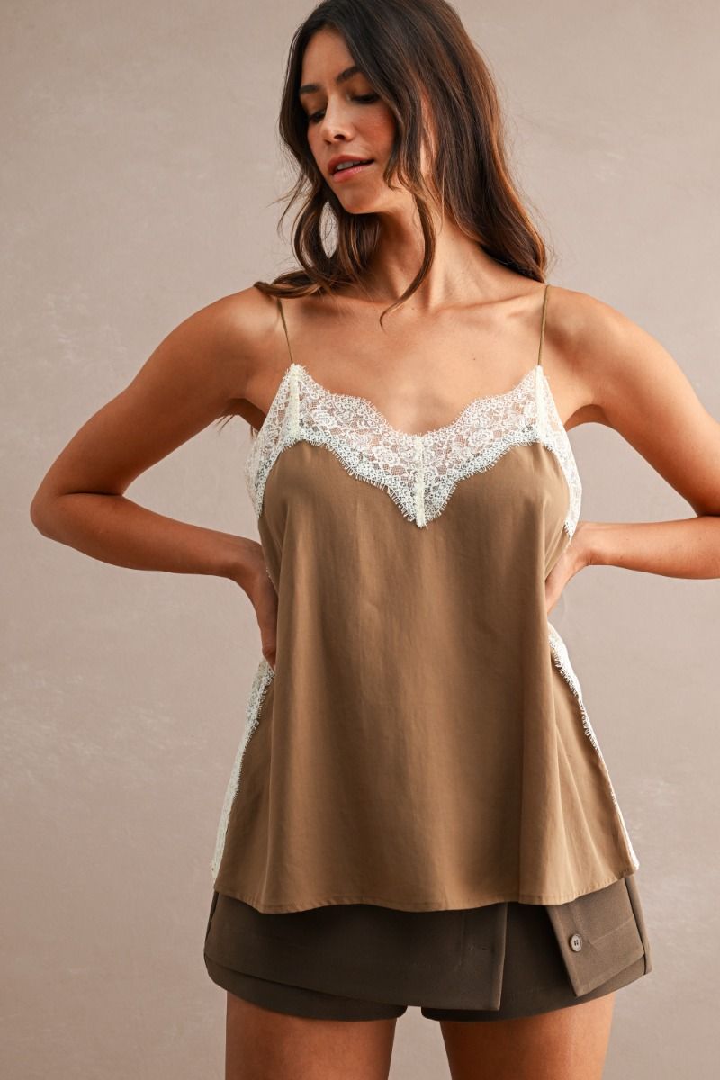 Contrast Lace Trim Cami Mocha